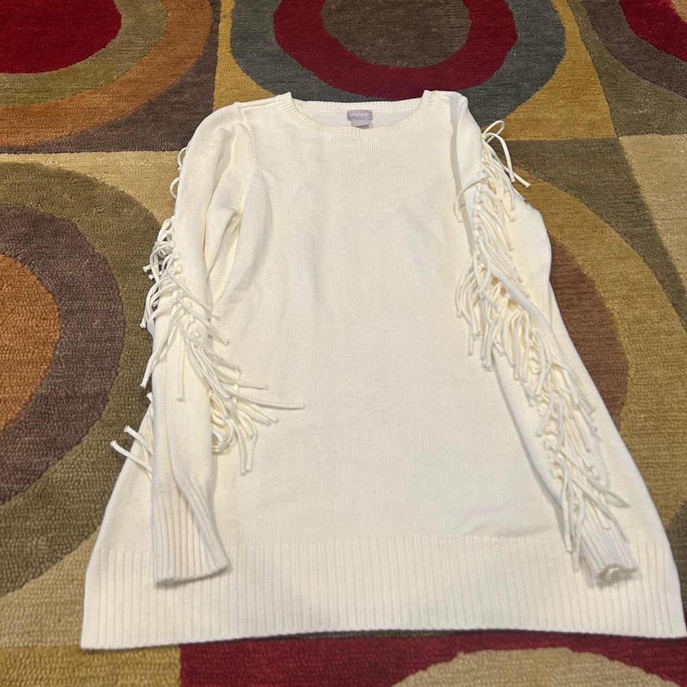 Chico’s Off White Fringe Western Crew Neck Sweater Size 0 / Women’s Small